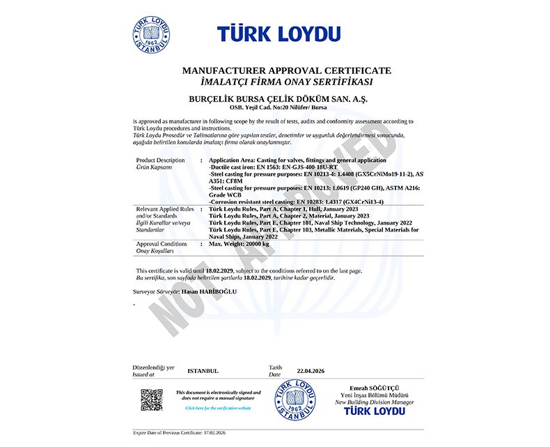 Certificado de Aprobación de Fabricante – Türk Loydu